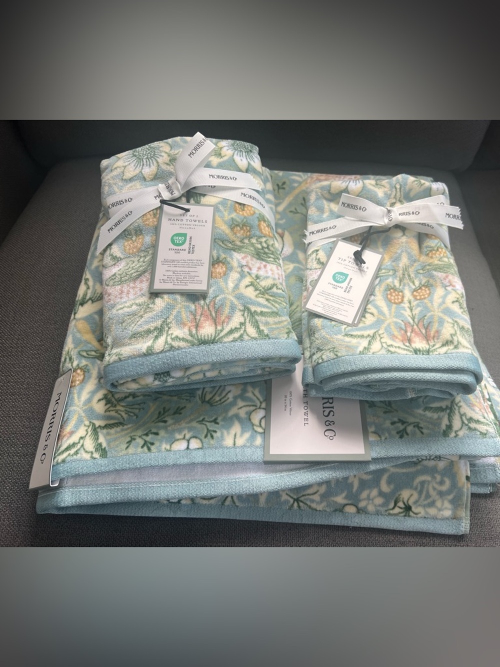 6 pc William Morris Strawberry Thief Floral Velour Bath Towel Set